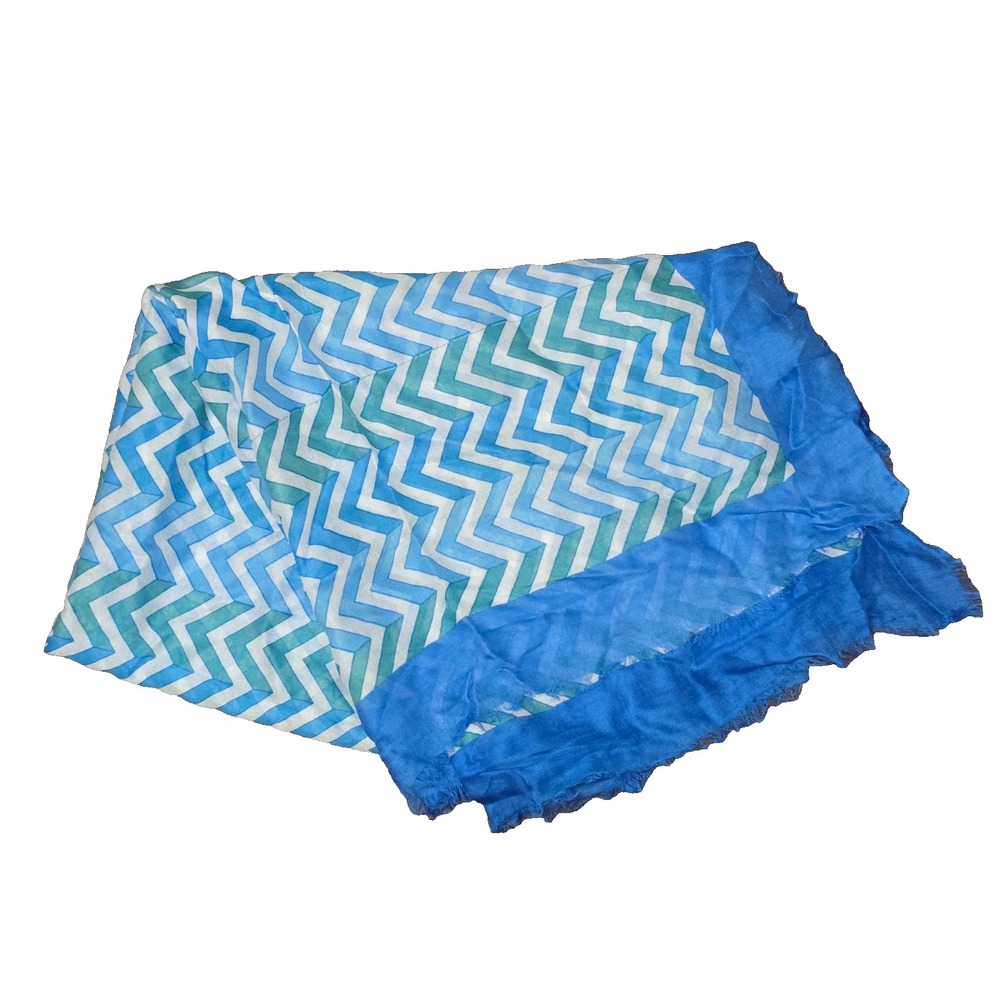 J McLaughlin Blue Chevron Scarf Wrap Blue White Fringe 47x49